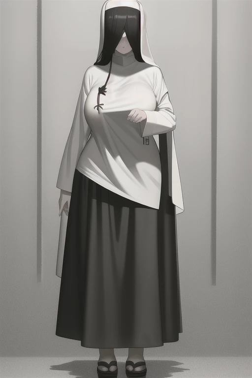 ((masterpiece)), (best quality), (absurdres), black hair, yamamura_sadako, long sleeves, hands covered, long skirt(white nun, black obi), (grey skin), hair over eyes, eyes covered, looking at viewer, 