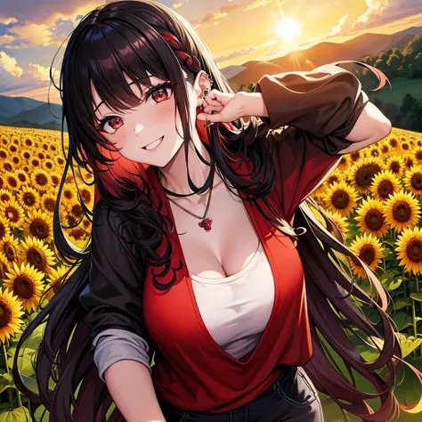 anime panel, woman, Korean, long black curly hair with red highlights, red, slanted eyes, casual clothes, black tank top, ear piercing, necklace, hair illuminated by sunlight, background sunflower field, smiling showing teeth, blushing