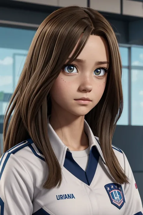 Captura de pantalla de my hero academia.
Girl long straight light brown hair.
He has hazel eyes and they have a cute expression.. Lleva puesto el uniforme de la UA y de fondo tiene una clase escolar de la UA y esta parada.