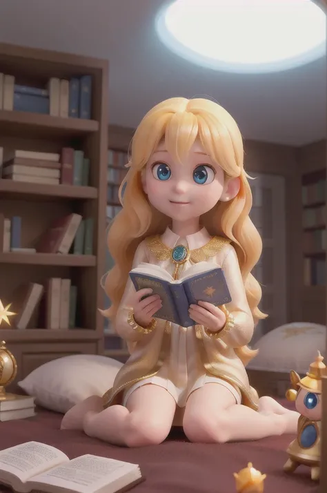 there is a with golden hair with beautiful and big brown eyes with white sparkles, she is in her room, while she is holding a book with a golden cover, she is sitting on the bed, and from the book emanates a golden light (( the book is magic)) the blue lig...