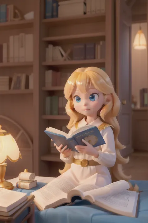 there is a with golden hair with beautiful and big brown eyes with white sparkles, she is in her room, while she is holding a book with a golden cover, she is sitting on the bed, and from the book emanates a golden light (( the book is magic)) the blue lig...