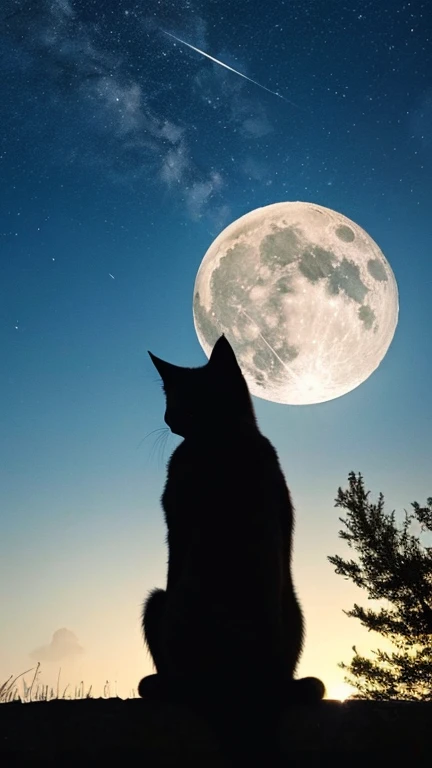 One big full moon、Black cat with its back turned、A fantastic atmosphere、shooting star