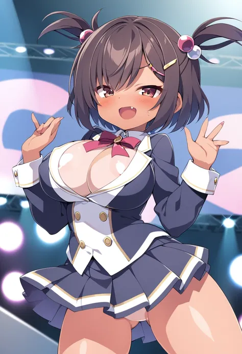 brown eyes, tan, tanlines, one-piece tan, hair ornament, brown hair, hair ornament, solo, fang, hair bobbles, short hair. two side up,, (large breasts:1.5), live stage, solo, 11years old nipple blazer uniform, Blazer skirt