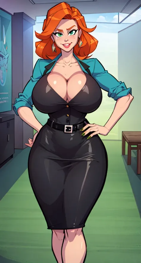 1 girl, stewardess, best quality, Masterpiece, cowboy shot, orange hair, green eyes, tight cloth, pencil skirt, ((( huge fake breasts：7.9 )))