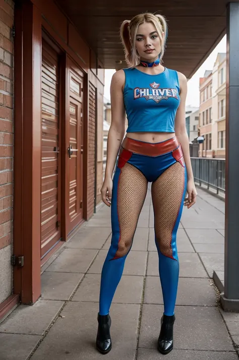 Harley quinn , Margot robbie, full body picture , red and blue shirt, fishnet leggings 