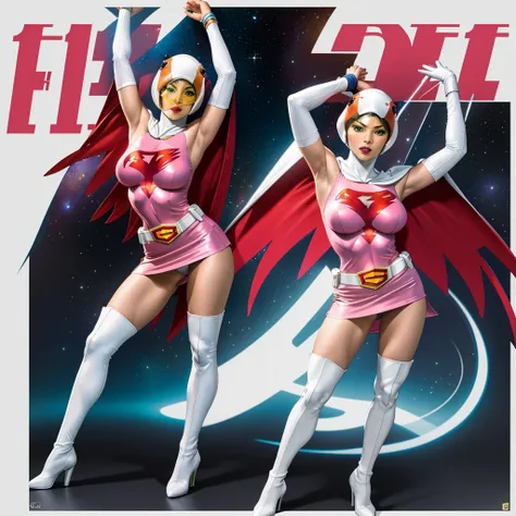 ANI_CLASSIC_jun_gatchaman_ownwaifu,1girl, 15 years old,good anatomy, masterpiece, best quality,realistic, hyperrealistic, 16k hdr,breasts,green eyes,lips,large breasts,lipstick,makeup,gloves,cape,helmet,belt,elbow gloves,white gloves,mask,ultra miniskirt,l...