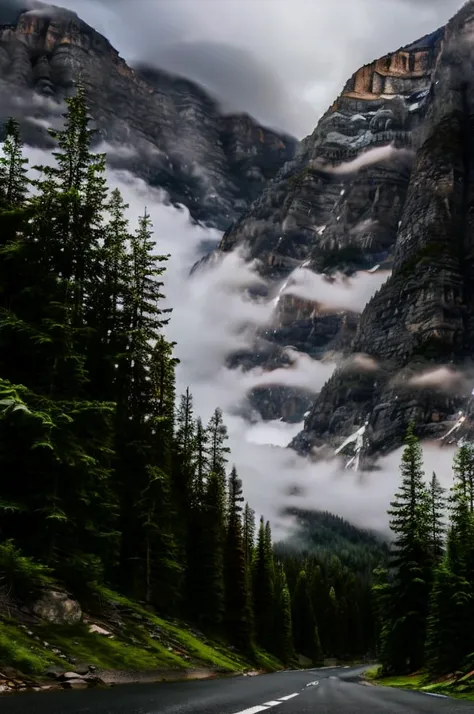 conifer forest misty cloudscapes road mountain clifs