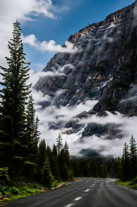 conifer forest misty cloudscapes road mountain clifs