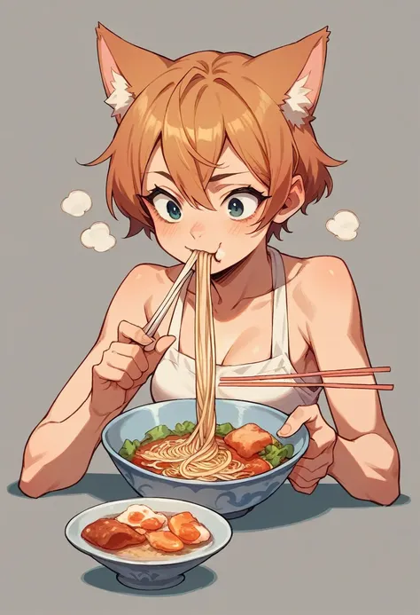 Cat eating instant noodles, manga comics style illustration, oversimplified, simple background