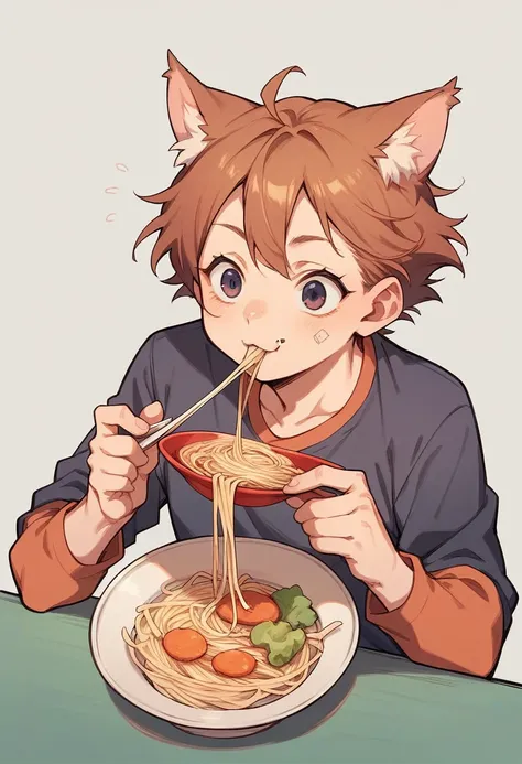 Cat eating instant noodles, manga comics style illustration, oversimplified, simple background