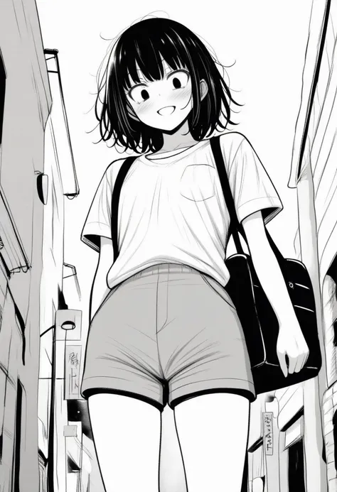 masterpiece, best quality, 1girl, mamerakkkkko, grayscale, manga style, japanese, chi no wadachi, black eyes, street, iced, black hair, schoolbag, smile, lineart, white background, white shirt, grey shorts, centered
