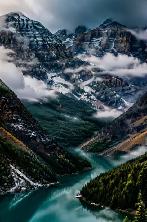 mountainous_horizon conifer forest misty cloudscapes road mountain cliffs