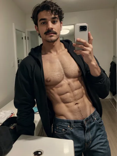 Handsome man , light mustache, hot muscular body , medium curly hair , mirror selfie, best quality like its taken by iPhone 12 , wearing black baggy jeans and black hoodie