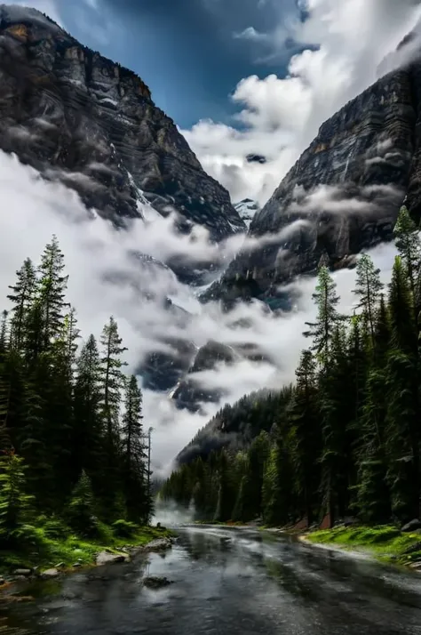 conifer forest misty cloudscapes road mountain clifs