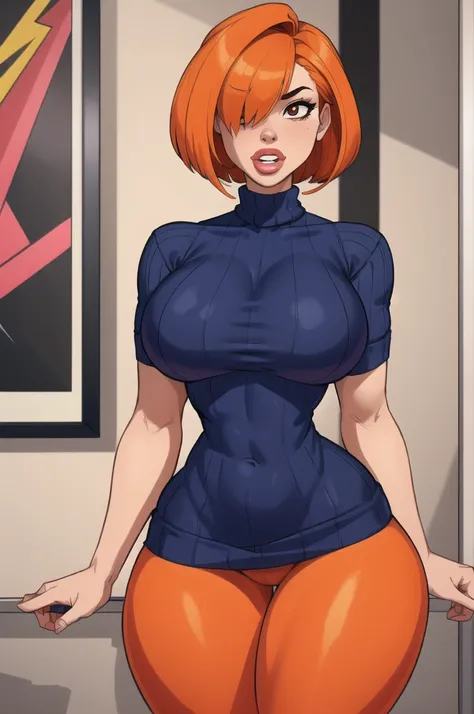 (Masterpiece, best quality, absurd, beautiful, aesthetic, detailed, cellular shading), 1 girl, giant breasts, orange hair, bob cut, dentures, hair over one eye, sweater dress, leggings