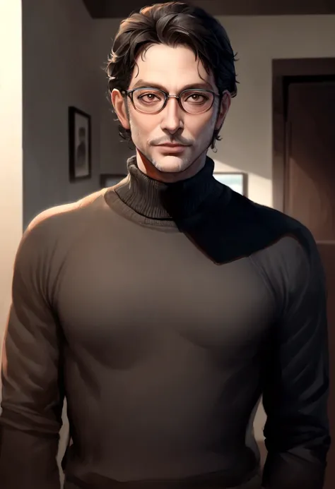 wired man with glasses and a turtleneck sweater standing in a hallway, he is wearing a brown sweater, 8k portrait rendering, retrato de alta qualidade, vestindo gola alta, cinematic realistic portrait, semi-realistic rendering, designer maravilhoso substan...