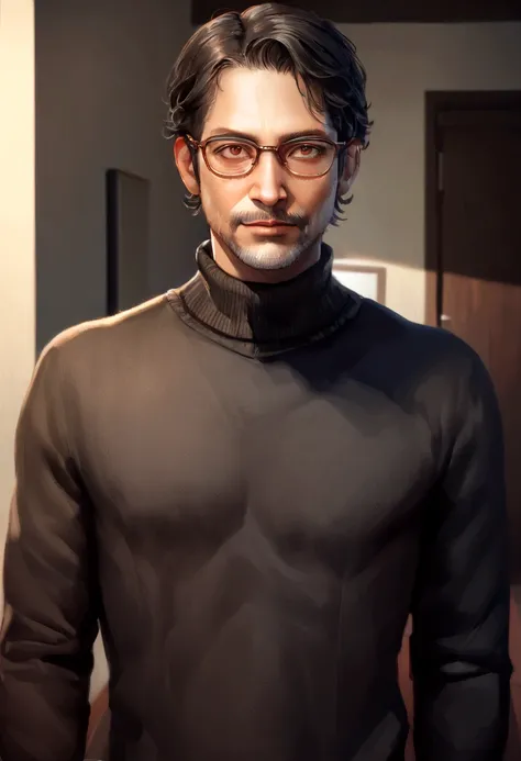 wired man with glasses and a turtleneck sweater standing in a hallway, he is wearing a brown sweater, 8k portrait rendering, retrato de alta qualidade, vestindo gola alta, cinematic realistic portrait, semi-realistic rendering, designer maravilhoso substan...