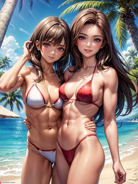 ,(best quality, ultra-detailed, realistic:1.37, masterpiece:1.2), woman, beautiful detailed eyes, beautiful detailed lips, brown hair tied up, smile, bikini, (muscular body:1.1),slim figure, caustics, textile shading, toned body, clean abs, palm trees sway...