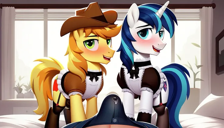 score_9, score_8_up, score_7_up, score_6_up, score_5_up, score_4_up, pony, feral, braeburn, shining armor, human male, duo male, erotic duo, male pov, offscreen character, offscreen human male, erection in pants, pony, human, bulge, bulge in human male pov...