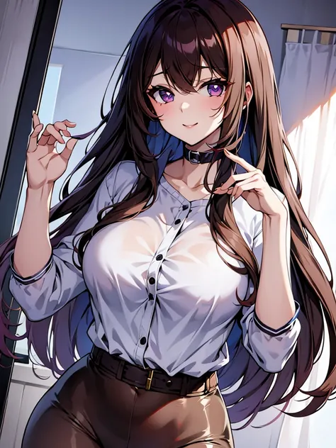 a pretty anime girl with brown hair, in a white shirt, 