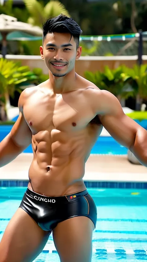 An 23-year-old philippines muscular male model, a handsome hunk with messy short flat hair, smiling at the camera, with well-developed muscles and a strong body. He was naked, wearing a tight black leather thong with a bulging crotch, exposed pubic hair an...