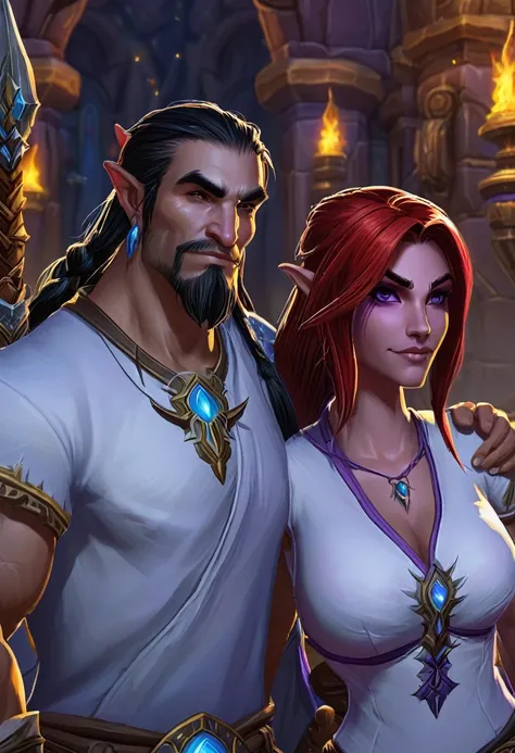 il y a deux personnes debout l’une à côté de l’autre dans une pièce, Plan moyen de deux personnages, de World of Warcraft, capture d&#39;écran de World of Warcraft, World of Warcraft style, Intimidating glare, kings argue in the background, dans World of W...