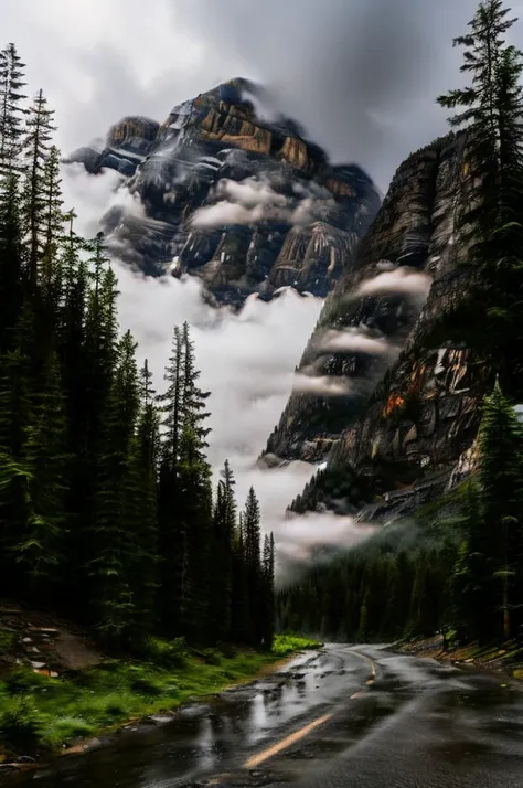 conifer forest misty cloudscapes road mountain cliffs autumn