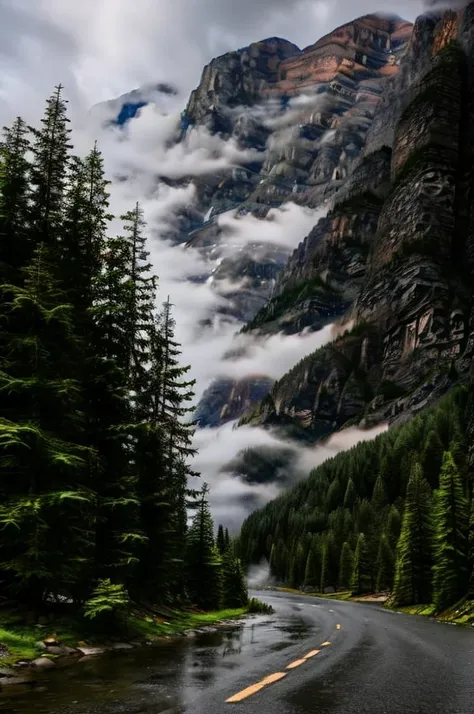 conifer forest misty cloudscapes road mountain cliffs autumn