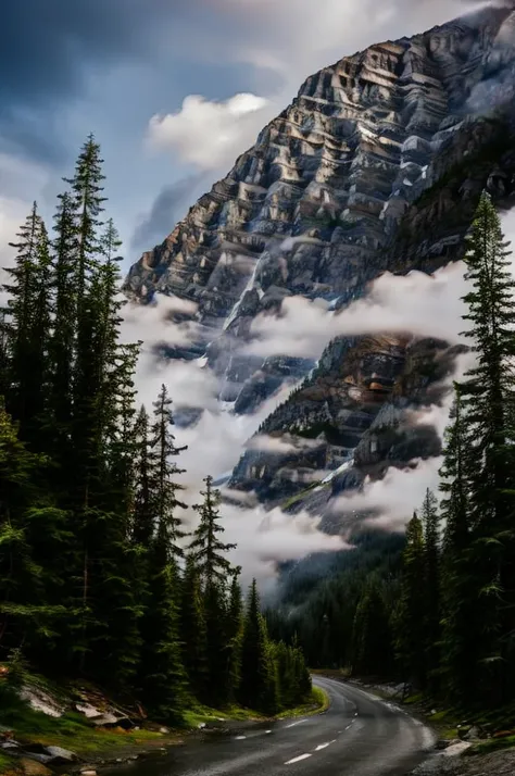 conifer forest misty cloudscapes road mountain cliffs autumn