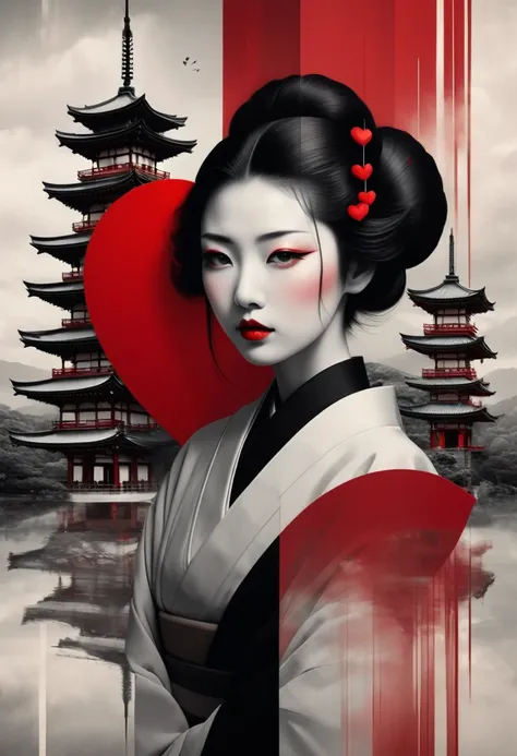 **Horizontal triptych Fusion Collage, multiple Exposure (Japanese Skyline, Heart, Love, Umbrella, Beauty), maximalist Environment, surreal Geisha Illusion portrait, minimalist and ethereal, Red black white, boundaries dissolve the face of a woman in quiet ...