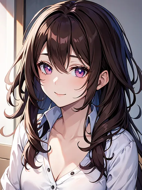 a pretty anime girl with brown hair, in a white shirt,