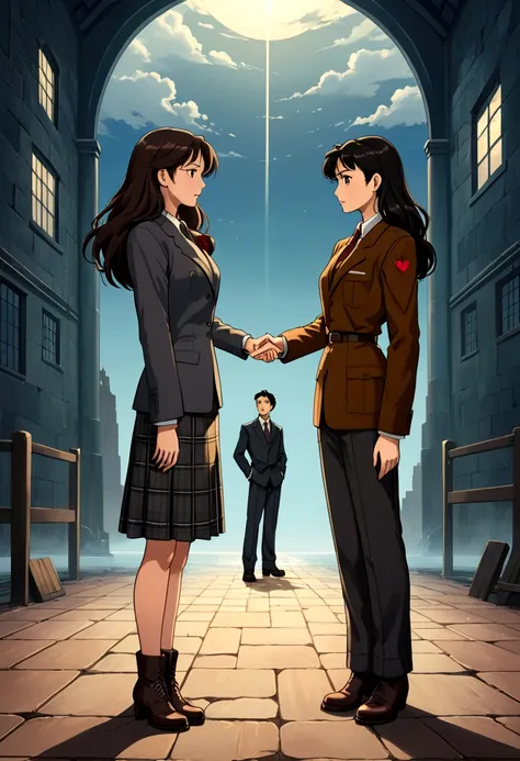 an anime illustration-style image in which two women in love are seen, sadly holding hands; One is a beautiful Asian woman with long, dark hair, who is dressed in a gray shirt and dark 40s style pants and dark boots, who is facing another beautiful woman w...