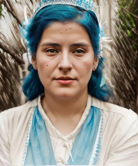 there is a woman with a white shirt and a blue feather, realistic old photo, a colorized photo, realistic old photograph, old color photograph, inspired by Verónica Ruiz de Velasco, old photo style, colorized photo, restored photo, old color photo, inspire...