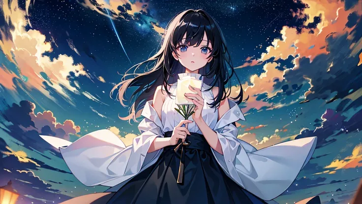 (Highest quality、8k、masterpiece:1.3)、night、Starry Sky、One Woman、Black Hair、Looking up at the sky