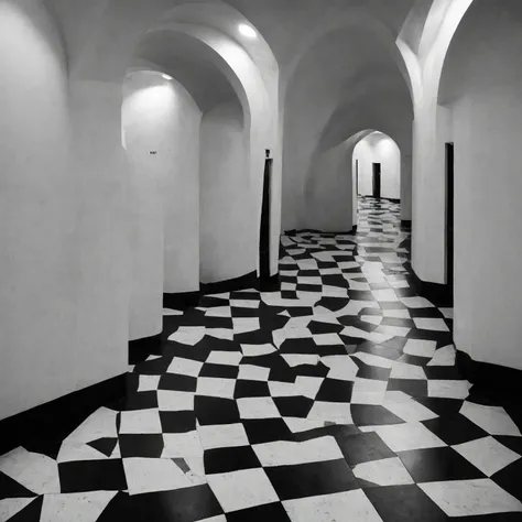 a place with the sky completely black and the ground with black and white checkered floors and some holes in those floors, an in...