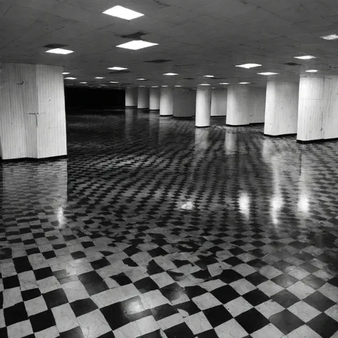 a place with the sky completely black and the ground with black and white checkered floors and some holes in those floors, an in...