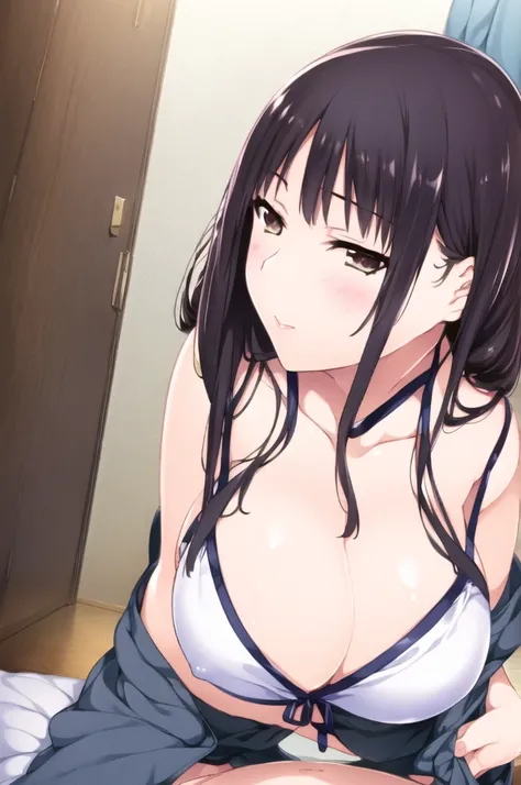 (8k, RAW Photos, Highest quality, masterpiece:1.2),
One Girl,alone,Mature Woman,Black Hair,Brown eyes,Long Hair, chest, chestの谷間, bikini, white bikini, Show Viewer,alone, One Girl, Show Viewer, 2D, anime, anime coloring, Upper Body, (Simple Background, Whi...