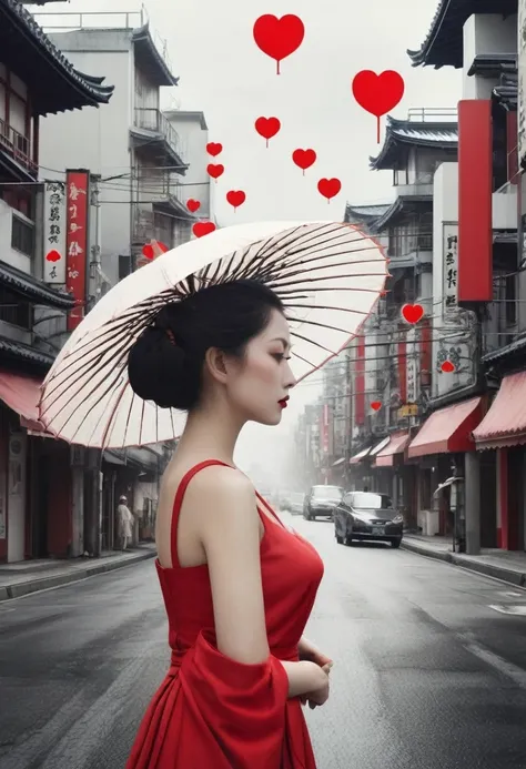 **Horizontal triptych Fusion Collage, multiple Exposure (Japanese Skyline, Heart, Love, Umbrella, Beauty), maximalist Environment, surreal Geisha Illusion portrait, minimalist and ethereal, Red black white, boundaries dissolve the face of a woman in quiet ...