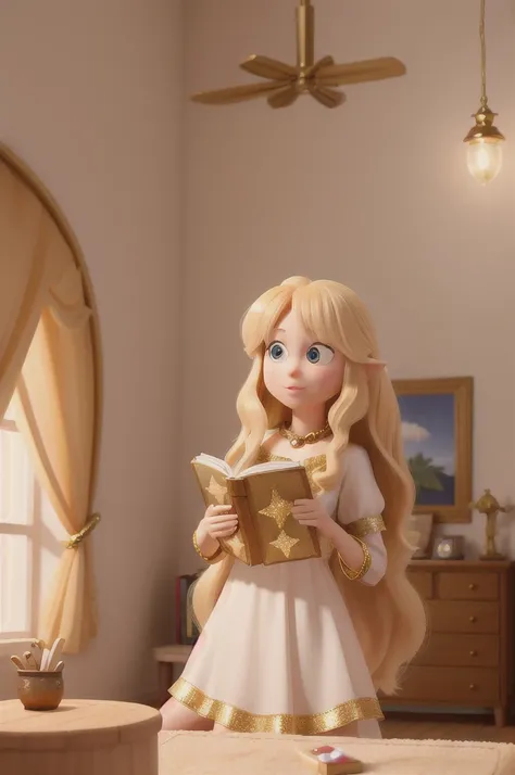 there is a golden-haired woman with beautiful big brown eyes with white sparkles, she is in her room, holding a book with a golden cover, she is standing in the fantasy world and in front of her is a fairy who talk to her, long hair blonde
