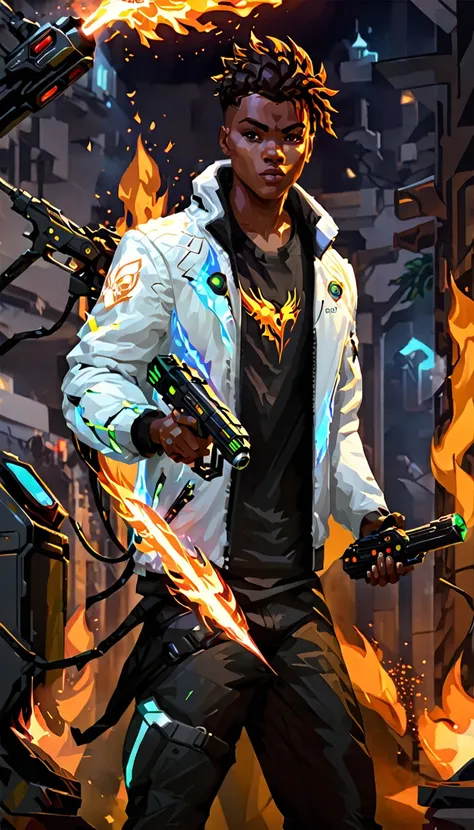 valorant game phoenix character holding a laser gun, afrofuturism, white jacket and black tshirt, fire on his hands, ultra quali...