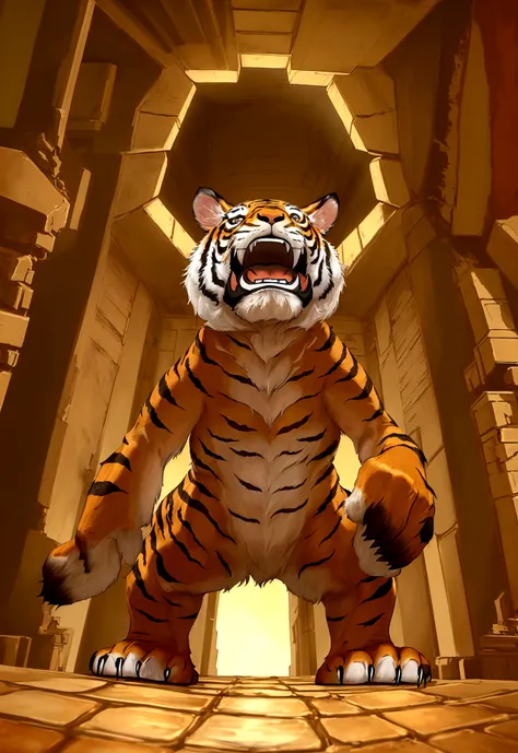  an image from the perspective of a tiger trapped in a pit, looking up. The viewpoint should be from the bottom of the pit, showing the tigers gaze upward. Above the pit, there should be a man and a rabbit looking down at the tige