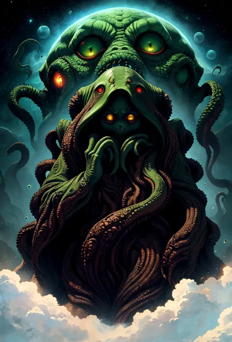 cthulhu mythical creatures，cthulhu，space background，，very detailed,8k、like a photograph