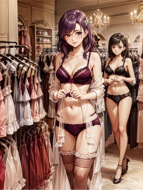 masterpiece, top quality, ultra detailed, ((((SAEKO NOGAMI, purple hair, best anatomy, in underwear, (panties, elaborately designed luxury panties for adults, panties high definition images, draw panties with super precision), lace trimmed bras, extremely ...