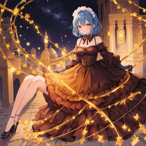 ((best quality)), ((masterpiece)), (detailed), 1girl, off-shoulder maid dress, tube top, laced long gloves, amber eyes, short blue hair, hair covers 1 eye, full body