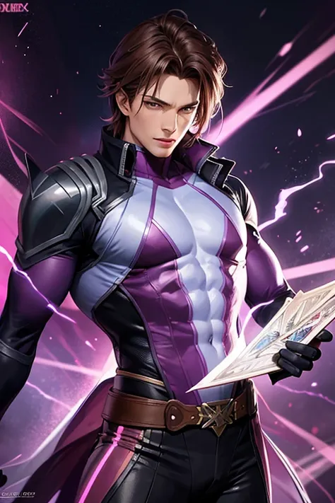 Gambit, x-men, classic costume, muscles, glowing purple eyes, highly detailed, fantasy, gay, rainbow cards in hand