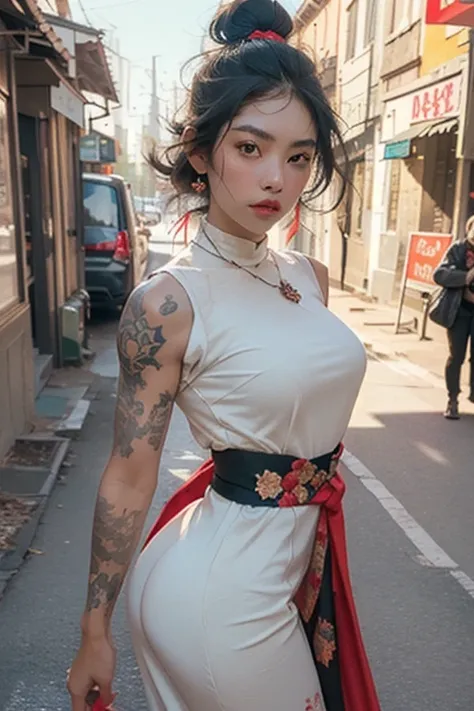 "1 cyborg con tatuajes, pelo aterrador en primavera, traje acolchado, colores vibrantes y luminosos, crisp, cinematic style, profundidad de campo, capturing the essence of 35mm film, y un toque de pintura luminosa."