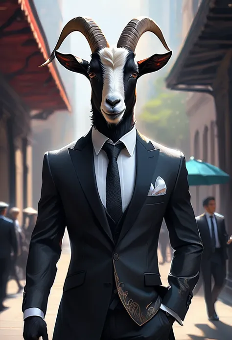 a goat in a black suit, gentleman, furry art, oc, drawing