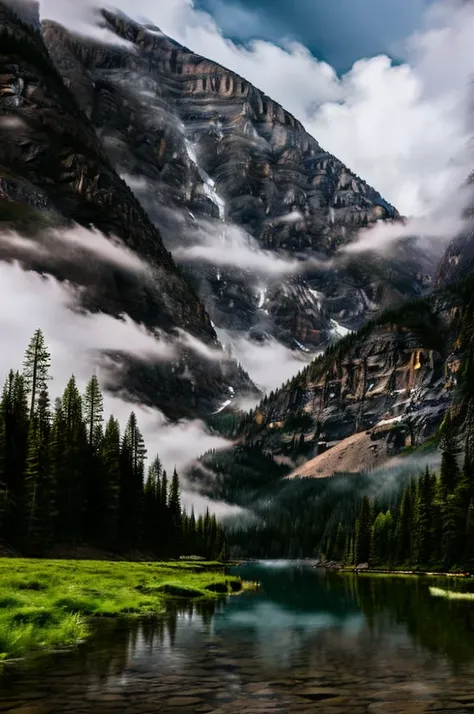 conifer forest misty cloudscapes road mountain clifs