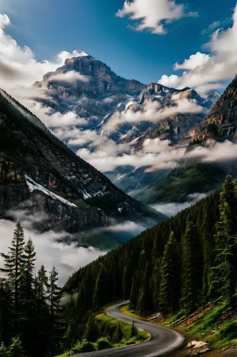 conifer forest misty cloudscapes road mountain clifs