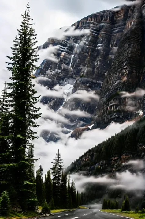 conifer forest misty cloudscapes road mountain clifs